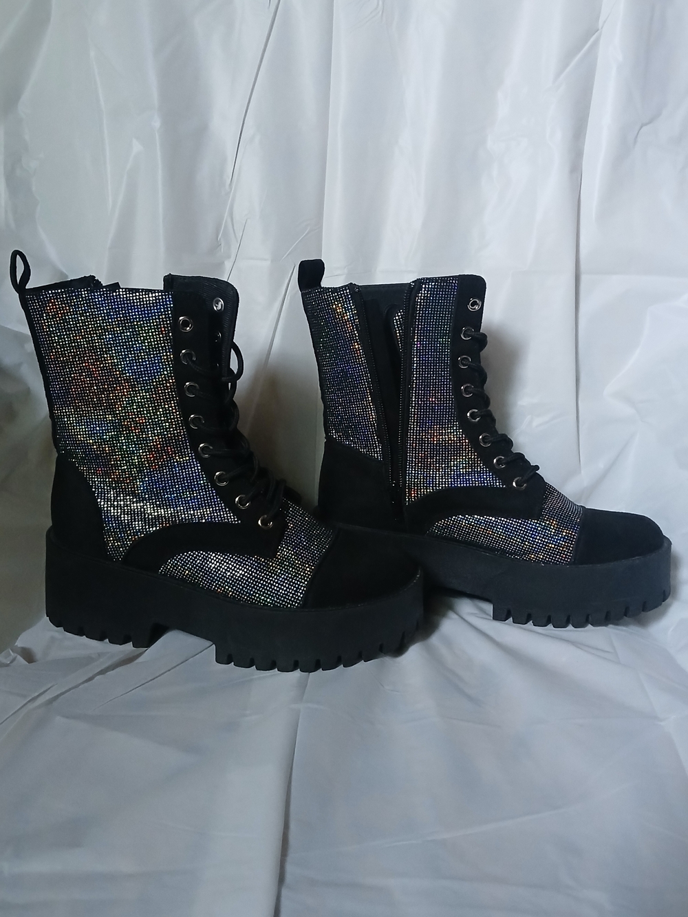 hinge Black Holographic Lace-Up Platform Boots